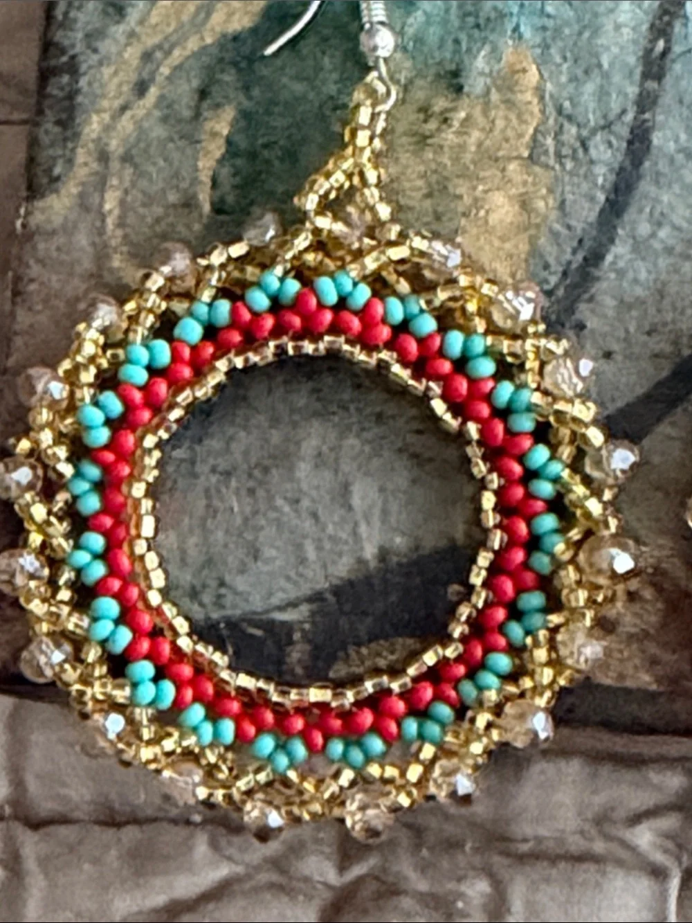 Pierced earrings crochet hoops turquoise gold coral colored seed beads